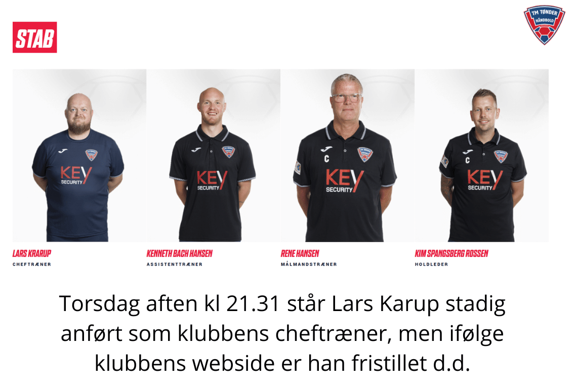 Håndboldbombe i Tønder: Lars Krarup ude – men står stadig som cheftræner på klubbens hjemmeside